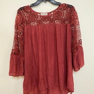 Red Pleated Blouse with Lace and 3/4 Sleeves